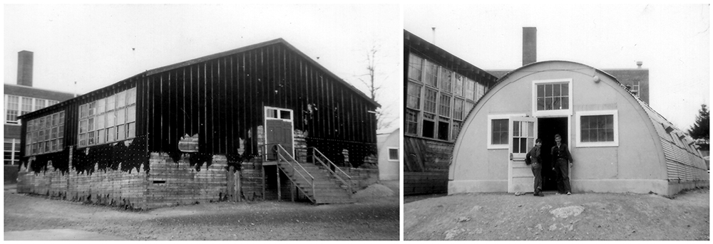 Two black and white photographs, taken in 1954, of the temporary classrooms erected at Groveton Elementary School. On the left is a four-classroom wooden building covered on the outside with tarpaper. On the right is a Quonset hut, similar in shape to half of a cylinder. The hut is made out of metal, and was one of 11 the School Board acquired from a supplier in Annapolis, Maryland in 1950.   