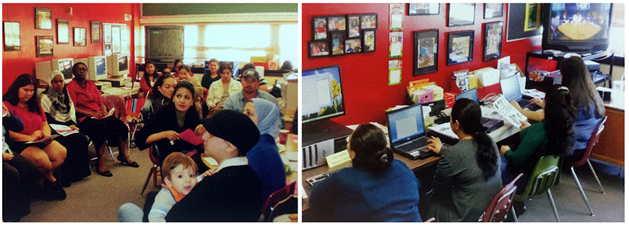 Two photographs of Bucknell's Parent Center from our 2010 to 2011 yearbook. In the photograph on the left, a large group of parents are in the center, seated in chairs around the room. They are listening to a speaker who is standing off camera. In the photograph on the right, four female parents are seated at a long table working on computers. There are one desktop and three laptop computers visible. 