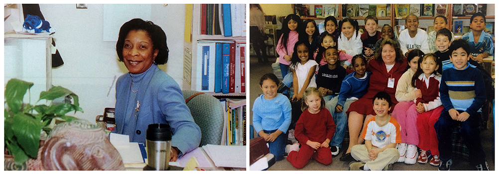 Yearbook photographs of principals Juanita Trapp and Joanne Jackson. Trapp's picture is from our 2002 to 2003 yearbook and Jackson's picture is from our 2005 to 2006 yearbook. Trapp is seated at her desk looking up from paperwork, and Jackson is seated in the library surrounded by a large group of students.  