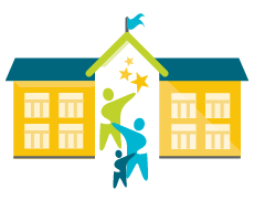 Graphic of school building with families