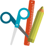 graphic of scissors, rulers, pencil  